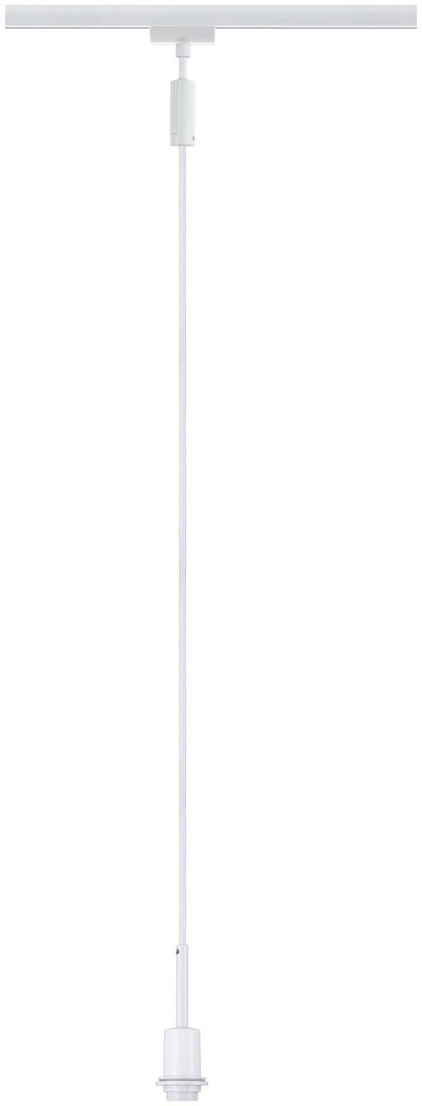 Biała, smukła lampa wisząca bez klosza, odpowiednia do montażu na szynie. Minimalistyczny design do nowoczesnych wnętrz.