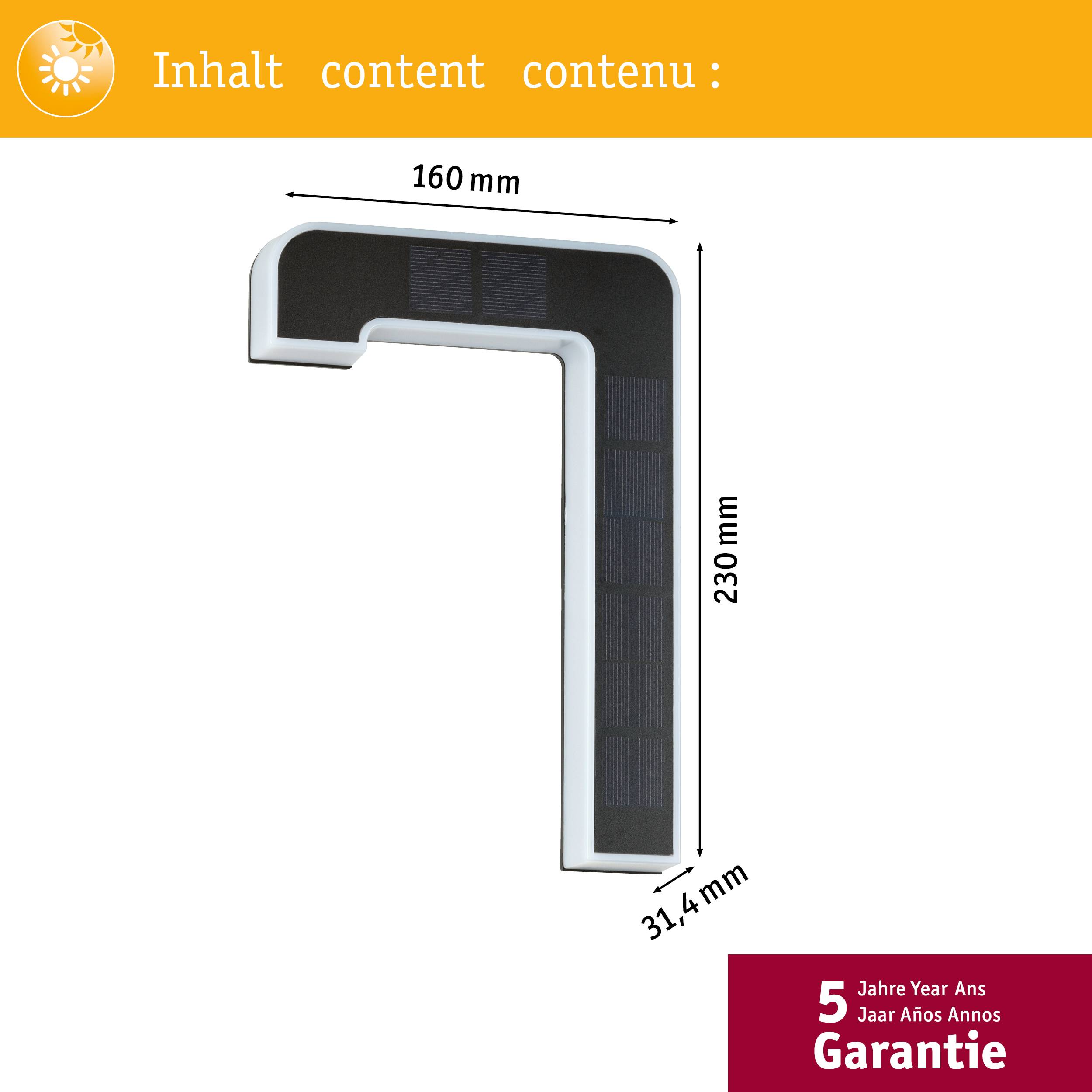 Lampa zewnętrzna w kształcie litery L, zasilana energią słoneczną, wymiary: 160 mm x 230 mm x 31,4 mm, 5 lat gwarancji, szczegóły w kolorach białym i czarnym.