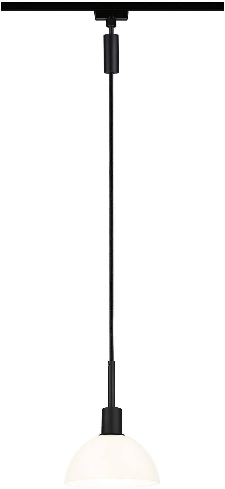 Lampa wisząca z czarnym przewodem i białym, półokrągłym kloszem. Idealna do nowoczesnych wnętrz lub jadalni.