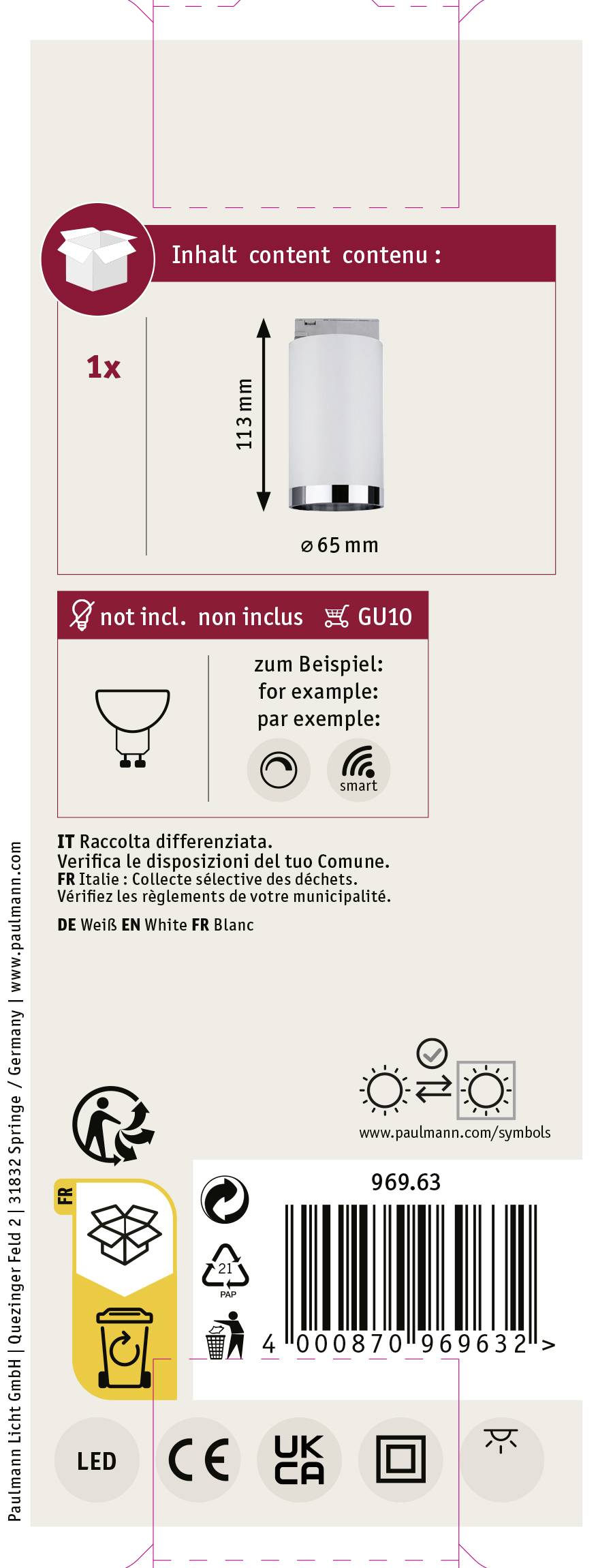 Opakowanie zestawu białych lamp LED z oprawką GU10, przedstawiające 1 lampę, z symbolami włącznie i wyłącznie, kodem kreskowym oraz ostrzeżeniami.