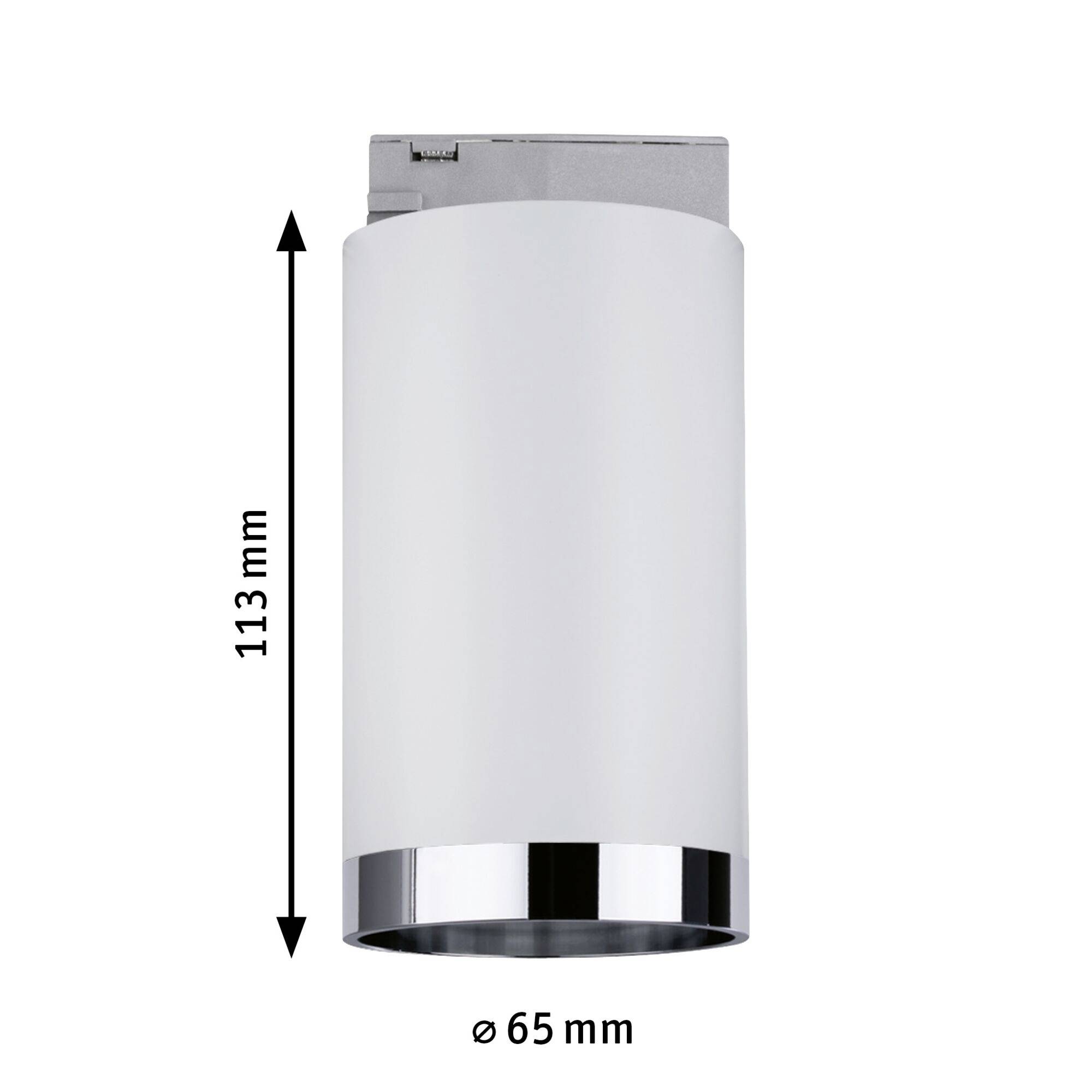 Cylindryczne światło sufitowe w kolorze białym, o wysokości 113 mm i średnicy 65 mm, odpowiednie do wystroju wnętrz.