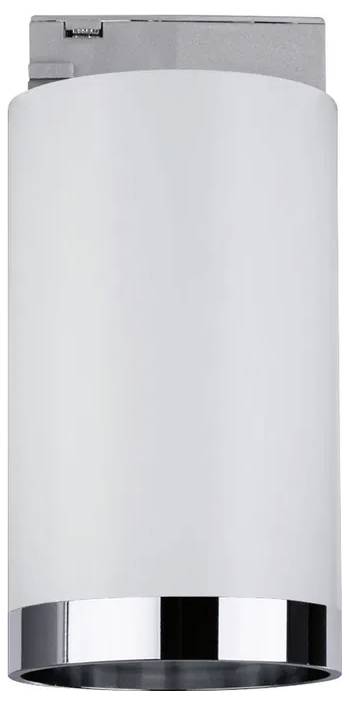 Cylindryczny plafon sufitowy z srebrną ramką i białą obudową.