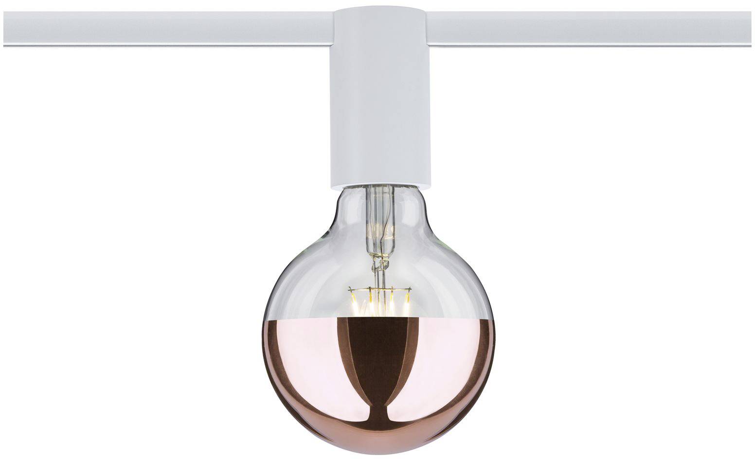 Lampa wisząca z przezroczystym korpusem szklanym i miedzianą połową, zamontowana na białej szynie. Nowoczesny, minimalistyczny design.