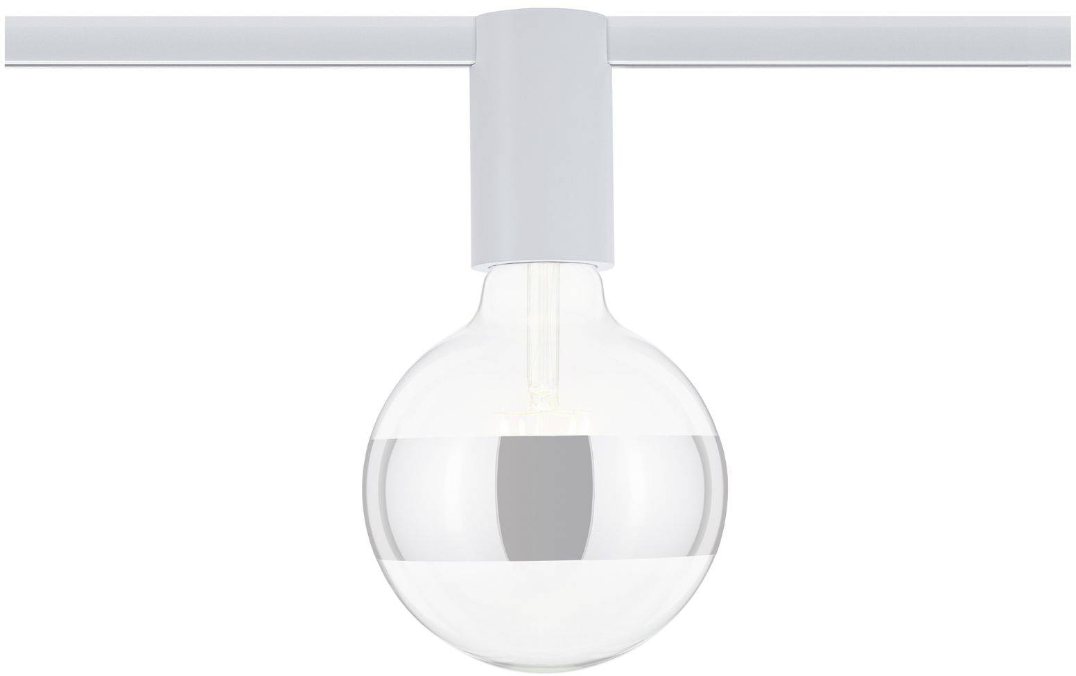 Czysta żarówka z srebrnym paskiem jest zamocowana w białej oprawce zawieszonej na poziomej belce.