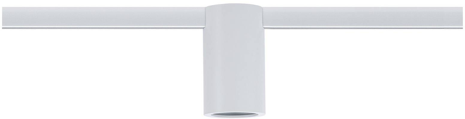 Biała cylindryczna lampa sufitowa zamontowana na srebrnej szynie. Nowoczesny, minimalistyczny design zapewniający równomierne oświetlenie.