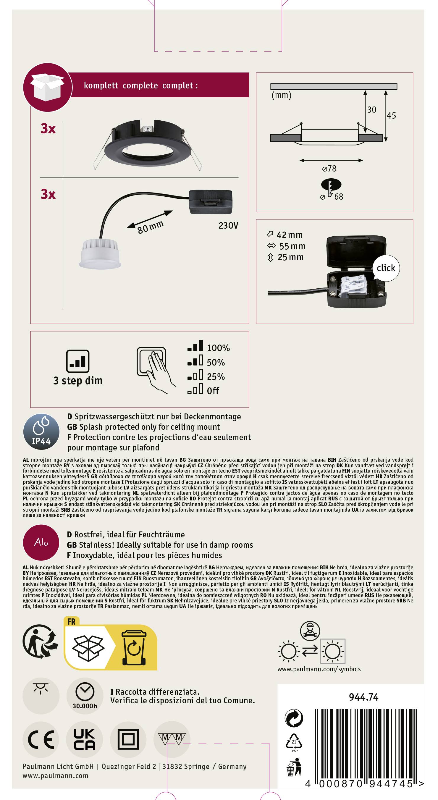 Tylna strona opakowania z instrukcjami: Zawiera szczegóły dotyczące instalacji jednostki oświetleniowej, specyfikacje techniczne, piktogramy oraz wskazówki bezpieczeństwa.