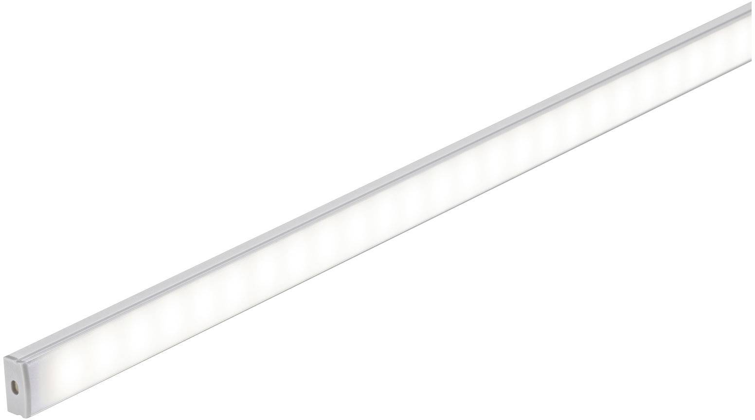 Listwa LED z prostokątną, srebrną obudową, zapewniająca równomierne rozproszenie światła, idealna do nowoczesnego oświetlenia wnętrz.