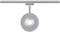 Srebrna lampa sufitowa z okrągłym kloszem i centralną żarówką, zamocowana na prostej szynie.