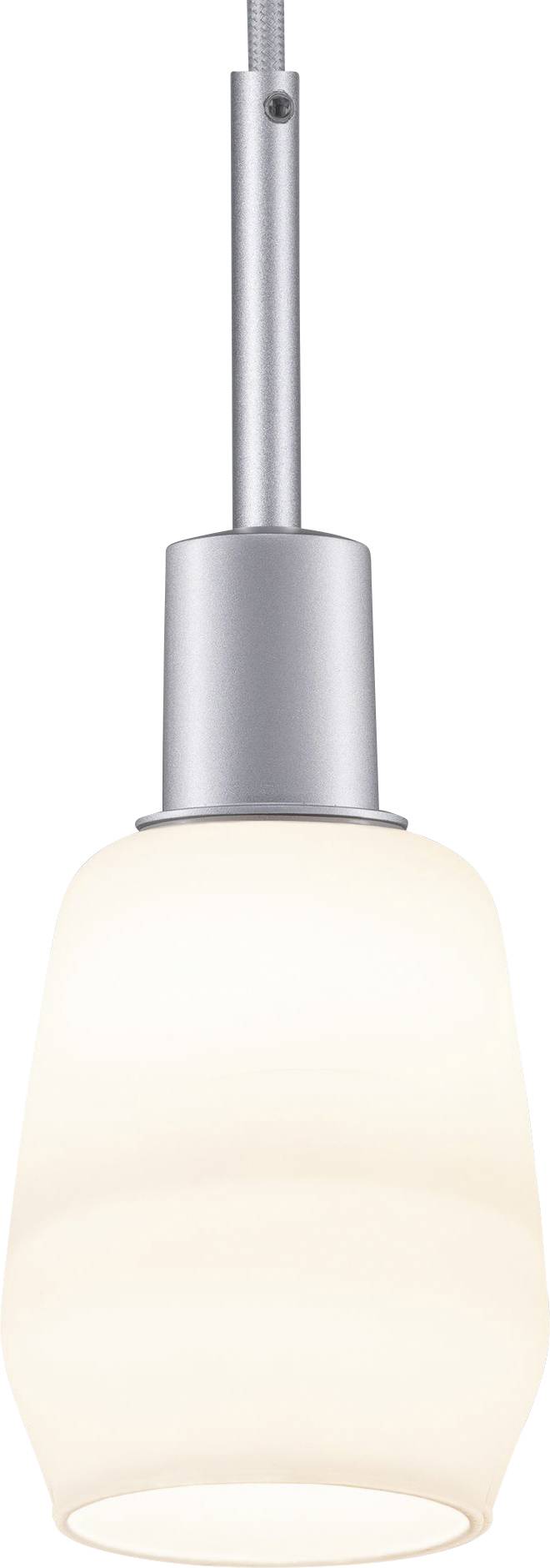 Srebrna lampa wisząca z białym, owalnym kloszem szklanym. Nowoczesny design, idealna do oświetlenia salonu lub jadalni.