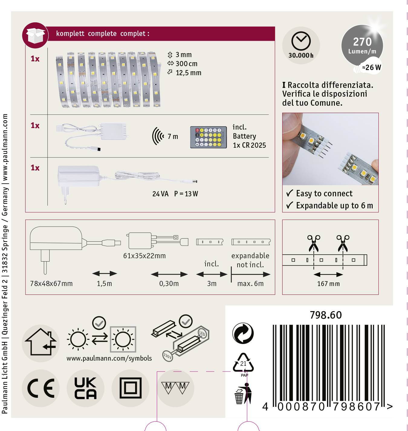 Zestaw oświetlenia LED, w tym pasek, adapter, pilot, dane techniczne i instrukcje użycia, długość 3m, możliwość rozbudowy.
