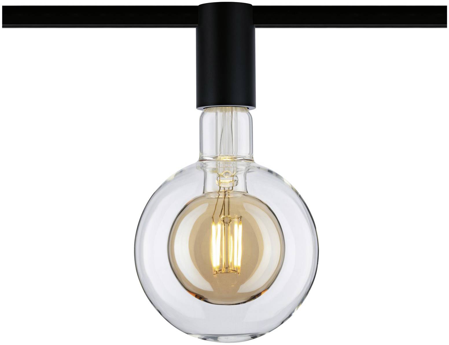 Okrągła, przezroczysta żarówka w czarnym gnieździe, która jest włączona i emituje ciepłe światło.