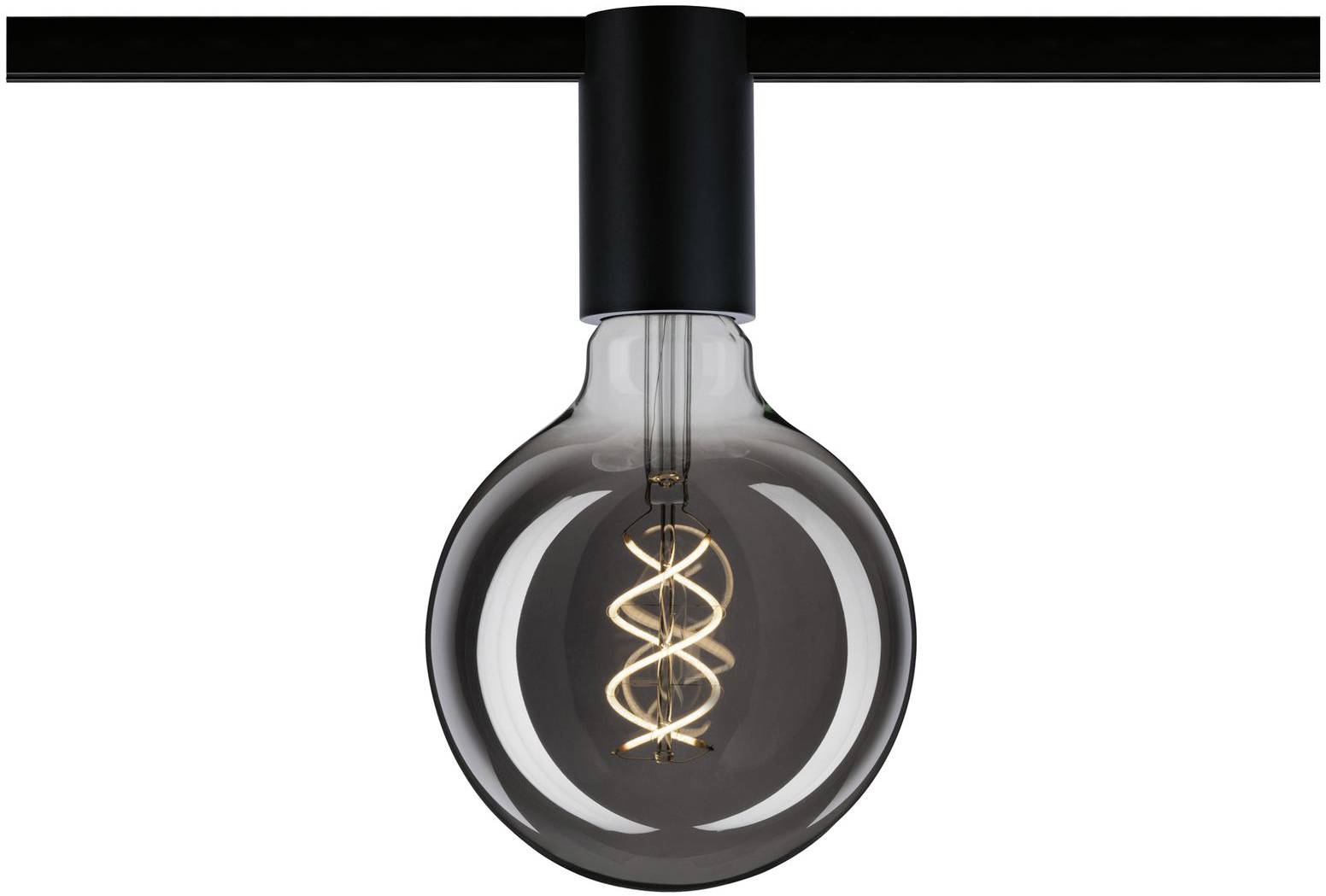 Włączona żarówka z widocznym drutem wolframowym jest przymocowana do czarnego uchwytu.