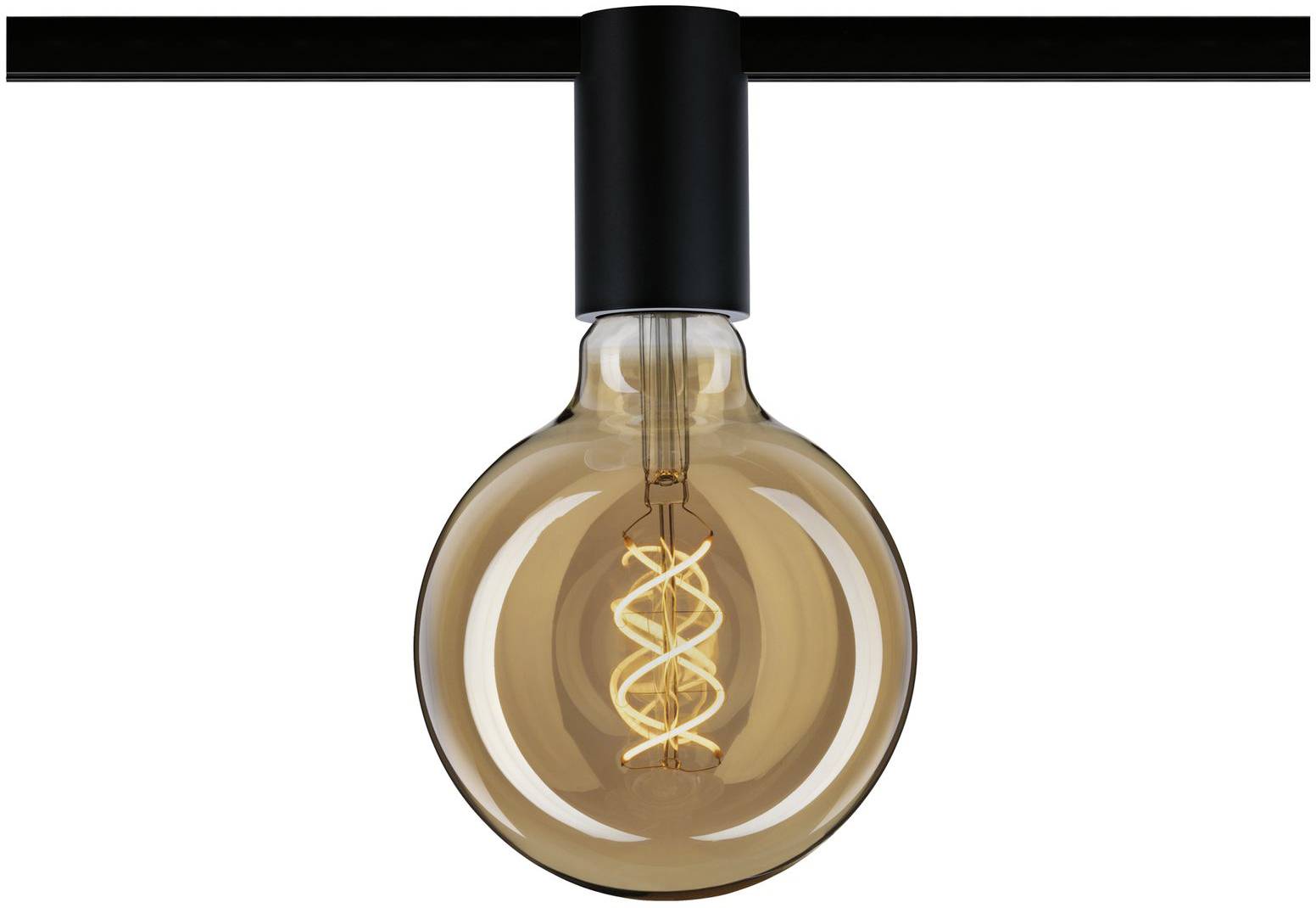 Okrągła żarówka z widocznym włóknem, które świeci w spiralnej strukturze, zamocowana na czarnym uchwycie.