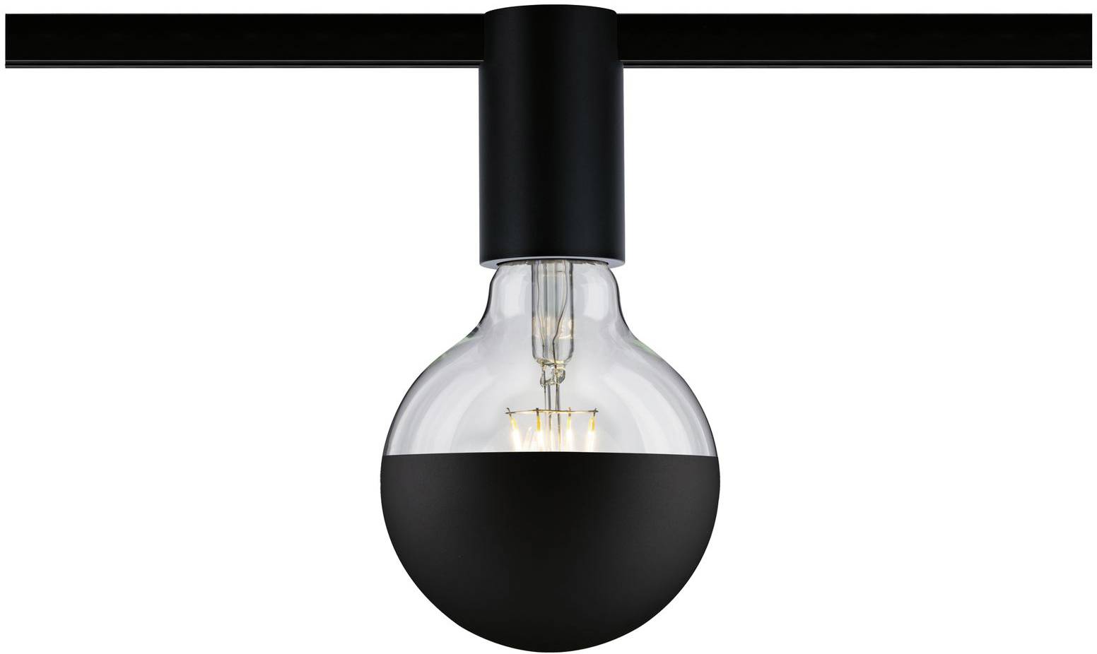 Czarna, nowoczesna lampa wisząca z widoczną żarówką włókienową, zamontowana na belce. Idealna do stylowego oświetlenia wnętrz.