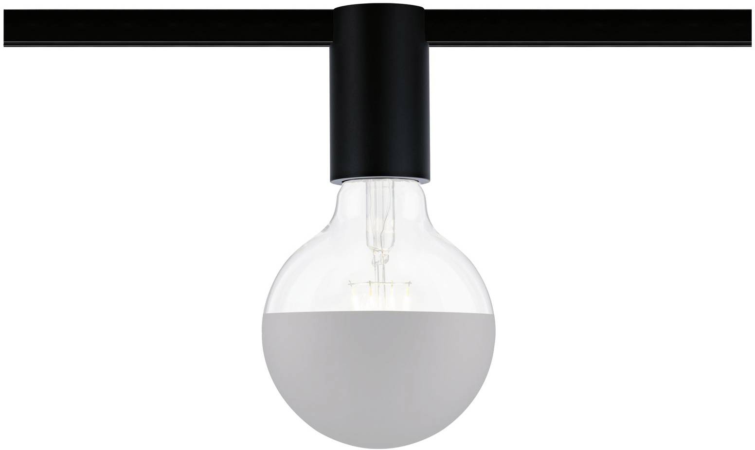 Nowoczesna lampa wisząca z przezroczystą żarówką i czarną podstawą, zwisająca z prostego czarnego pręta.