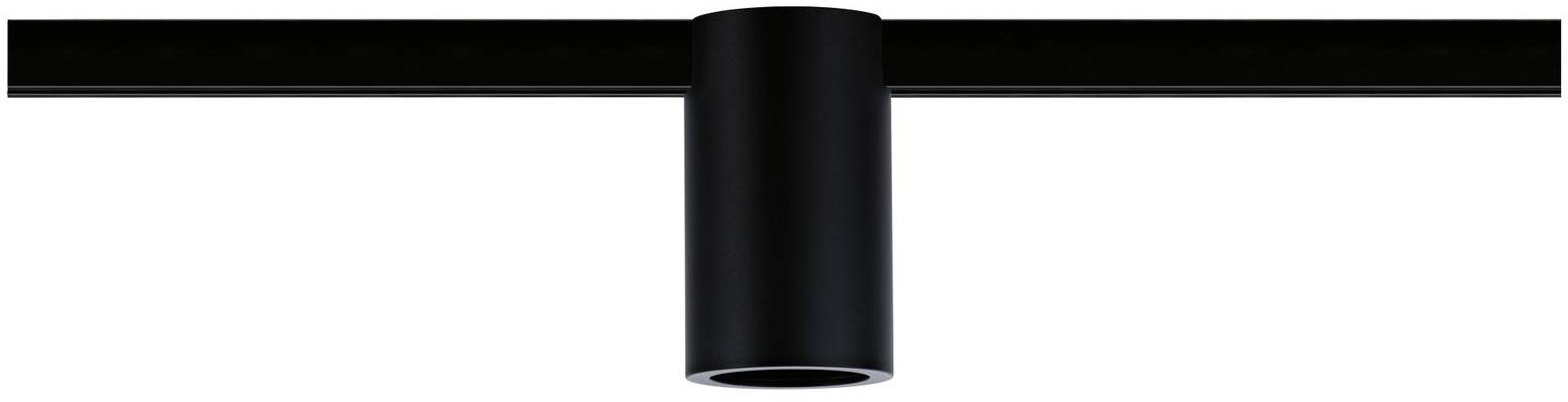 Czarna cylindryczna lampa sufitowa zamontowana na poprzecznym wsporniku, o minimalistycznym designie.