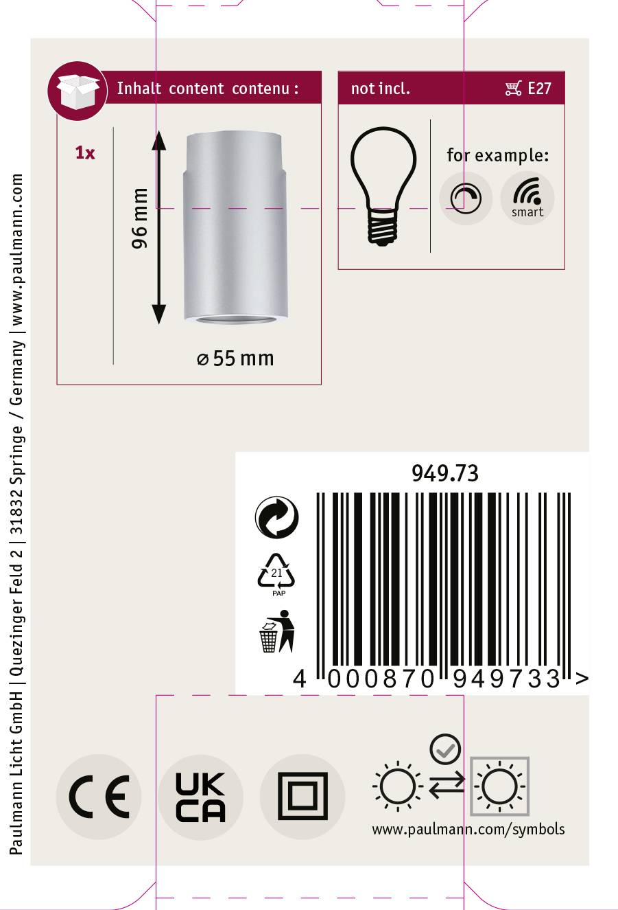 'Oprawa metalowa, E27, wysokość 96 mm, Ø 55 mm, zawartość: 1 szt. Nie zawiera: żarówki. Odpowiednia do Smart Home. Kod kreskowy poniżej.'
