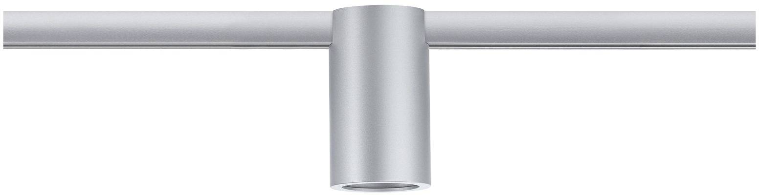 Cylindryczna, srebrna lampa sufitowa zamontowana na szynie, oferująca kierunkowe światło skierowane w dół.