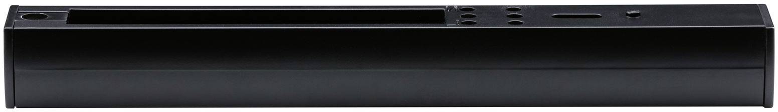 Czarne, prostokątne urządzenie z wieloma przyłączami i przyciskami na górnej powierzchni, prawdopodobnie sprzęt techniczny lub akcesoria.