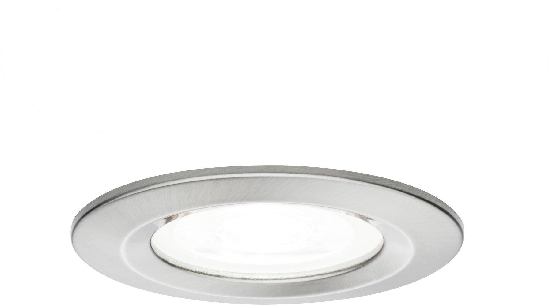 Okrągły, srebrny wpust LED o prostej stylistyce; nadający się do montażu sufitowego.