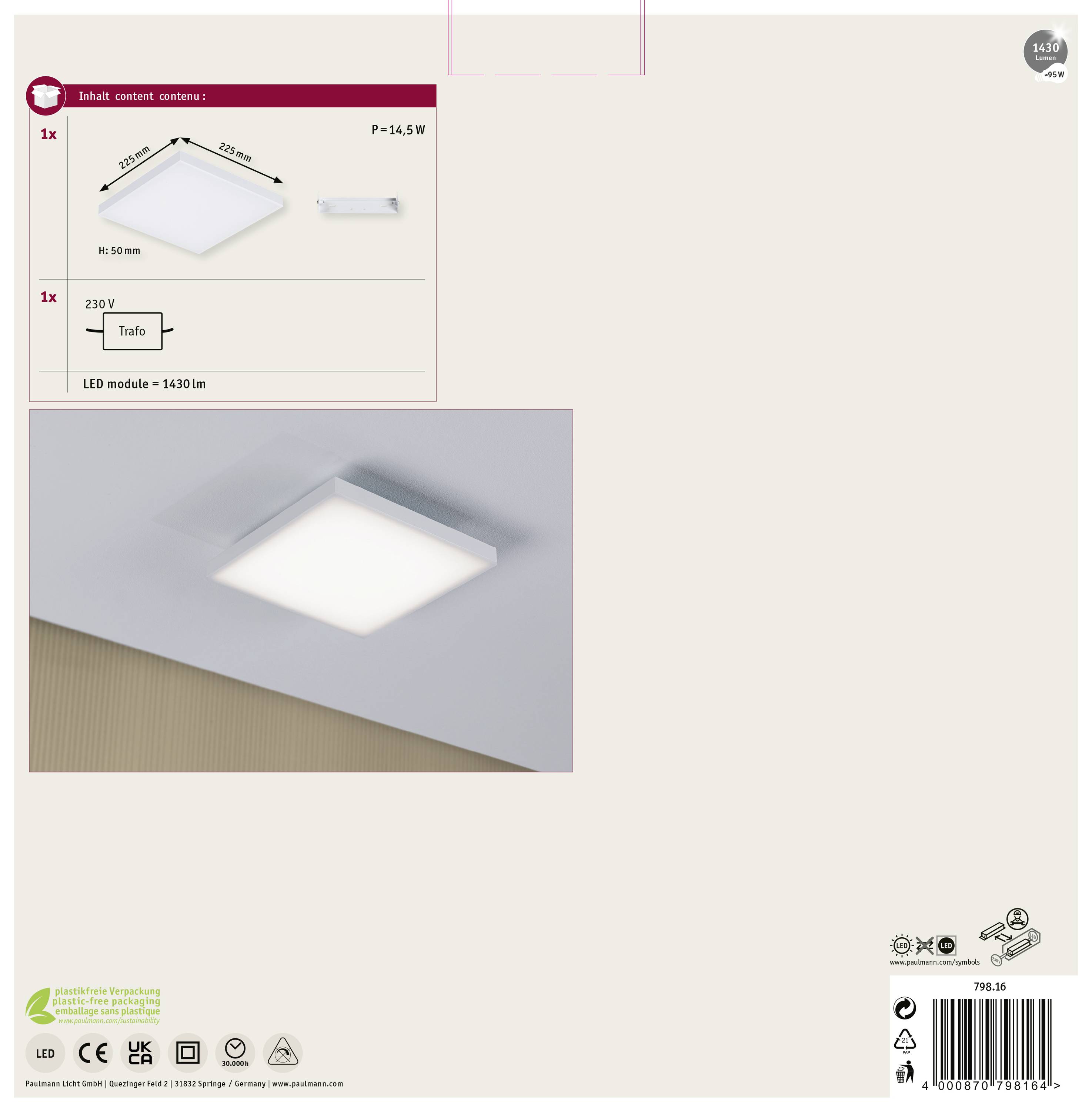 Kwadratowa lampa sufitowa LED w kolorze białym, 230V, 2430 lumenów, ciepłe białe światło. W zestawie kompletny osprzęt montażowy.