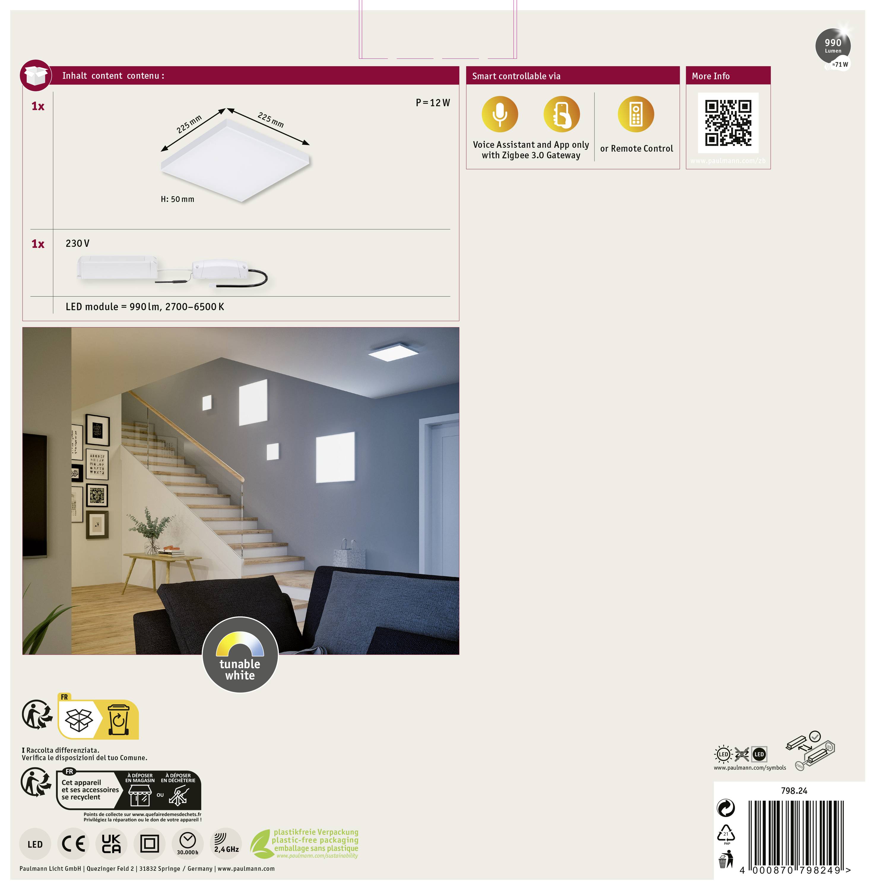 Panel LED, 30x30 cm, ściemnialny, sterowany przez aplikację/pilot, 2700-6500K, do inteligentnego domu. Ilustracja pomieszczenia z zainstalowanym panelem.