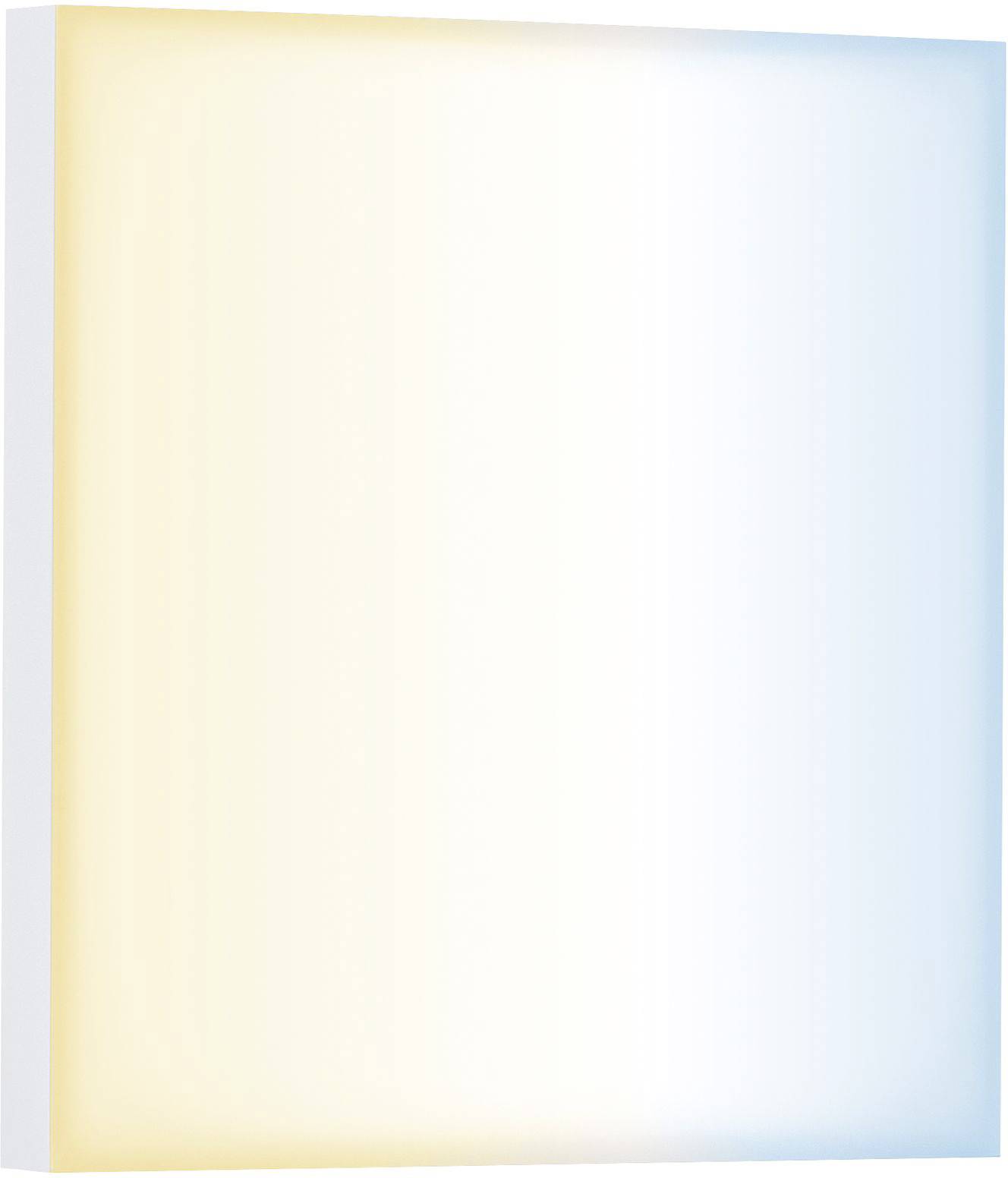 Prostokątna lampa ścienna, która po lewej stronie emituje ciepłe żółte światło, a po prawej stronie chłodne niebieskie światło.