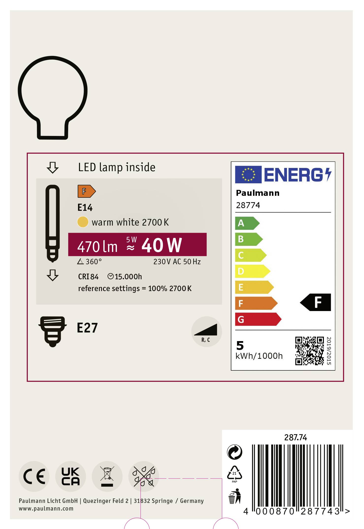 Etykieta energetyczna żarówki LED firmy Paulmann: E27, 5W, ciepłobiała 2700K, 470 lumenów, klasa energetyczna F, 5 kWh/1000h, 230V, 50Hz.