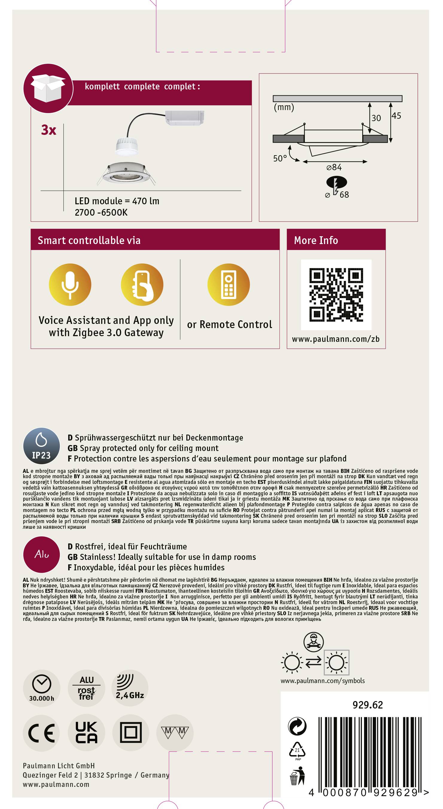 Tylna strona opakowania lampy sufitowej LED. Przedstawia diagram instalacji, kod QR do dodatkowych informacji, opcje sterowania: aplikacja lub pilot.