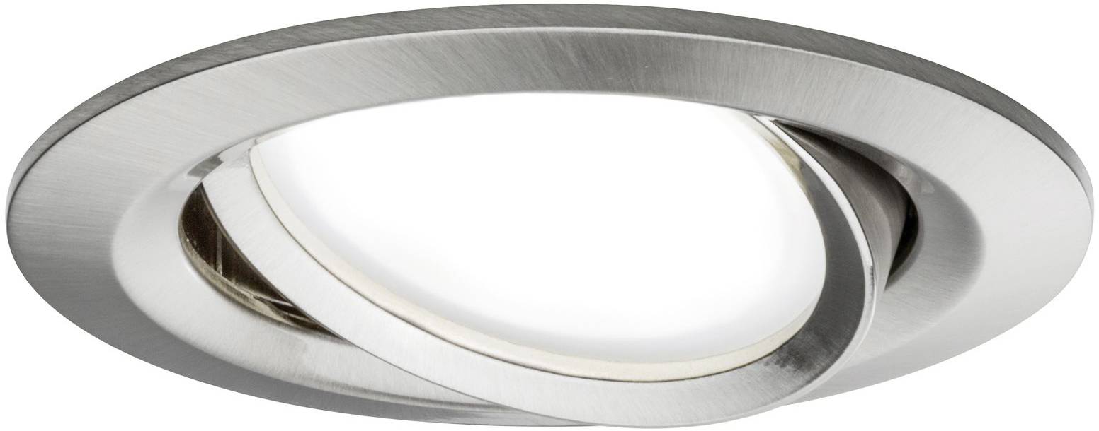 Srebrna, regulowana lampa wpuszczana w sufit o okrągłym kształcie i nowoczesnym designie.