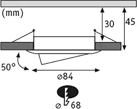 Diagram montażu oprawy oświetleniowej: Przekrój przedstawia instalację światła z wymiarami; 30 mm, 45 mm, kąt 50°, średnica 84 mm, wycięcie 68 mm.