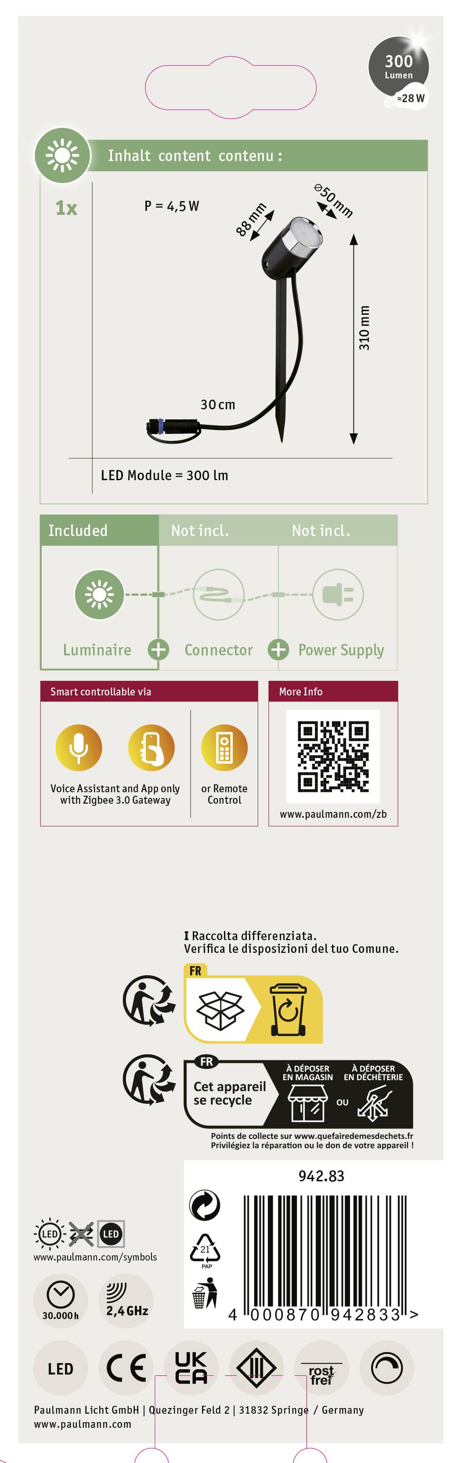 Projekt opakowania modułu LED z wtyczką, 300 lm, 4,5 W. Zawiera: moduł LED. Nie zawiera: zasilacza. Wodoodporny IP65.