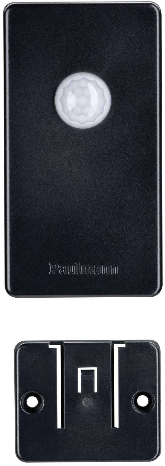 Czarny czujnik ruchu z prostokątną obudową i okrągłym sensorem pośrodku, z uchwytem do montażu ściennego poniżej.