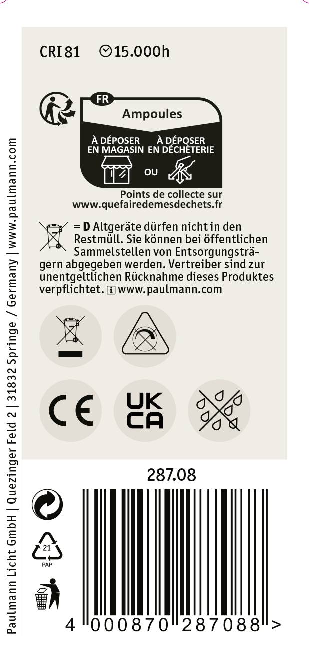 Etykieta lampy z informacjami o użytkowaniu: CRI 81, 15 000 h żywotności. Wskazówki dotyczące utylizacji oraz europejski znak zgodności.