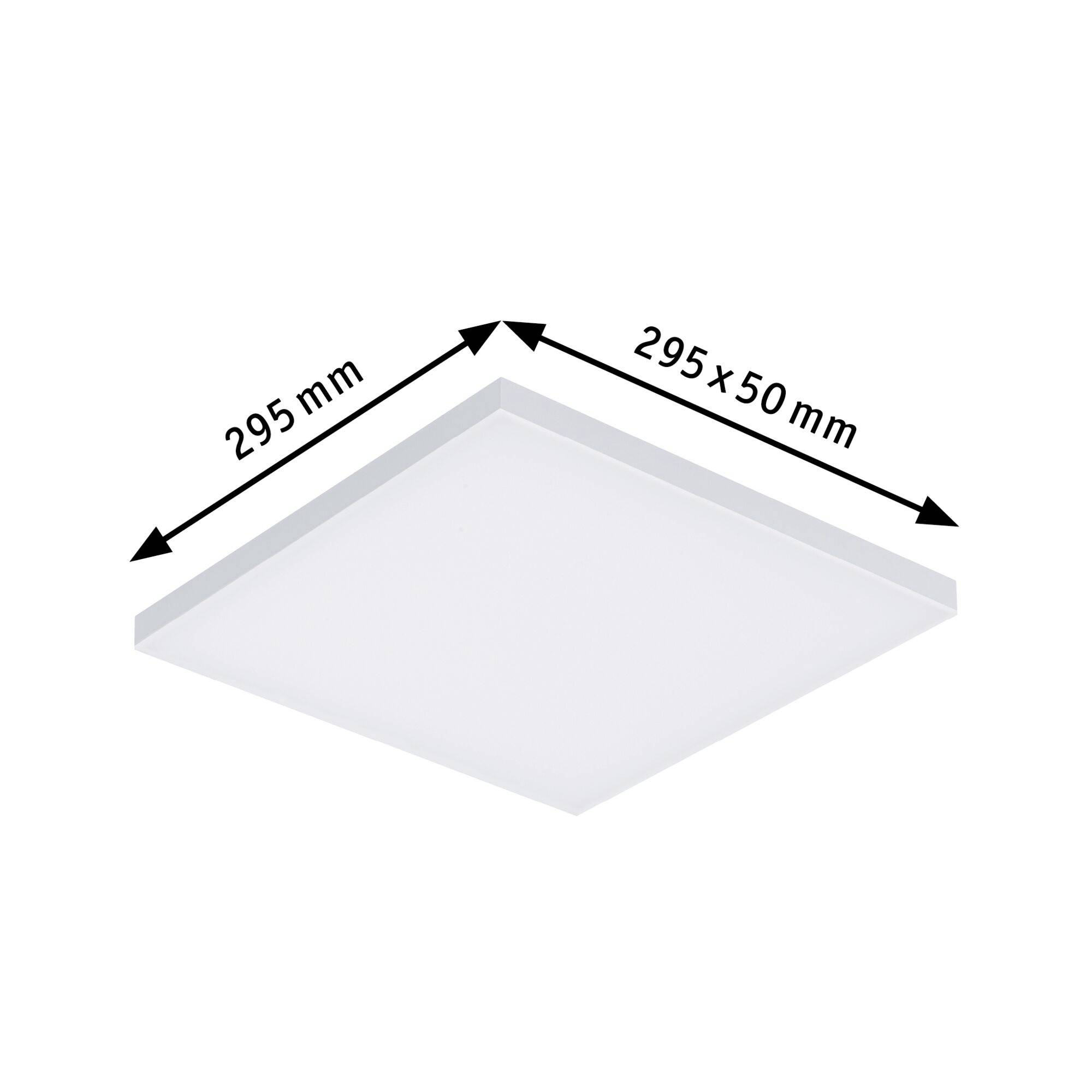 Kwadratowa lampa sufitowa LED, biała, o wymiarach 295 x 295 x 50 mm. Idealna do nowoczesnych wnętrz.