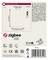 Etykieta produktu certyfikowana przez Zigbee z instrukcją montażu, szczegółami technicznymi i warunkami gwarancji. Zawiera wymiary, moc w watach, symbole LED oraz kod kreskowy.
