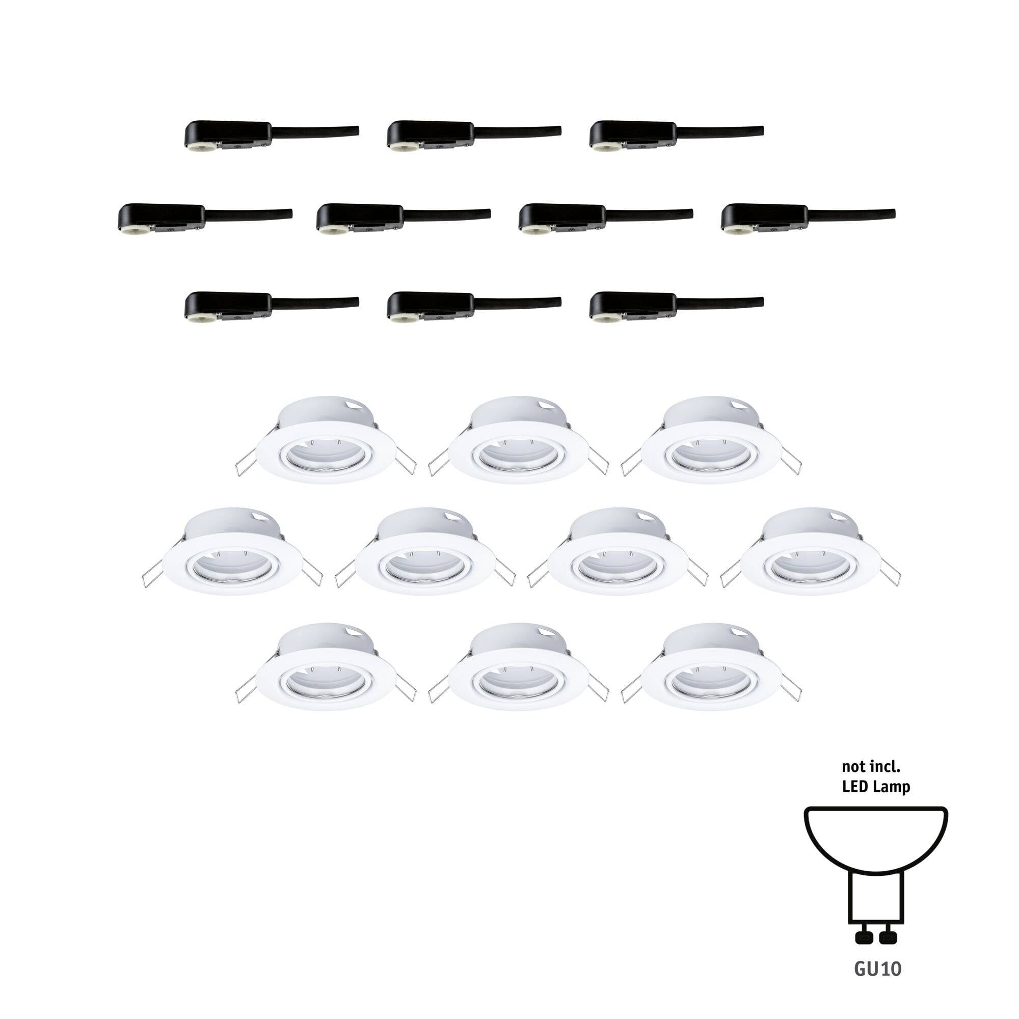 12 białych opraw podtynkowych LED, gniazdo GU10, bez żarówki LED, z czarnymi przewodami przyłączeniowymi. Idealne do nowoczesnych rozwiązań oświetleniowych.