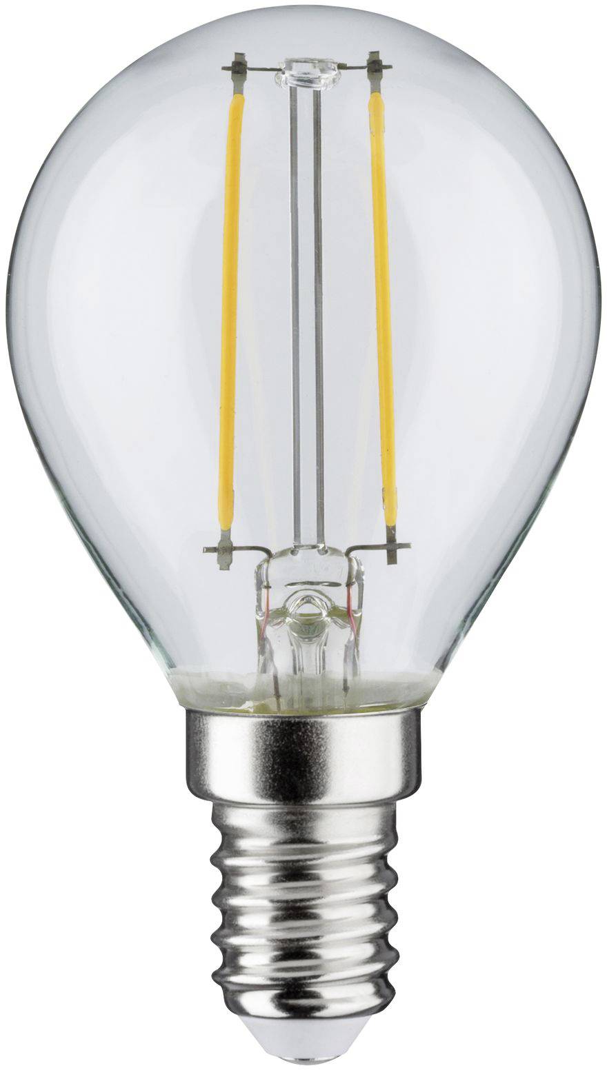 Przezroczysta żarówka z widocznymi włóknami żarowymi i srebrną podstawą.