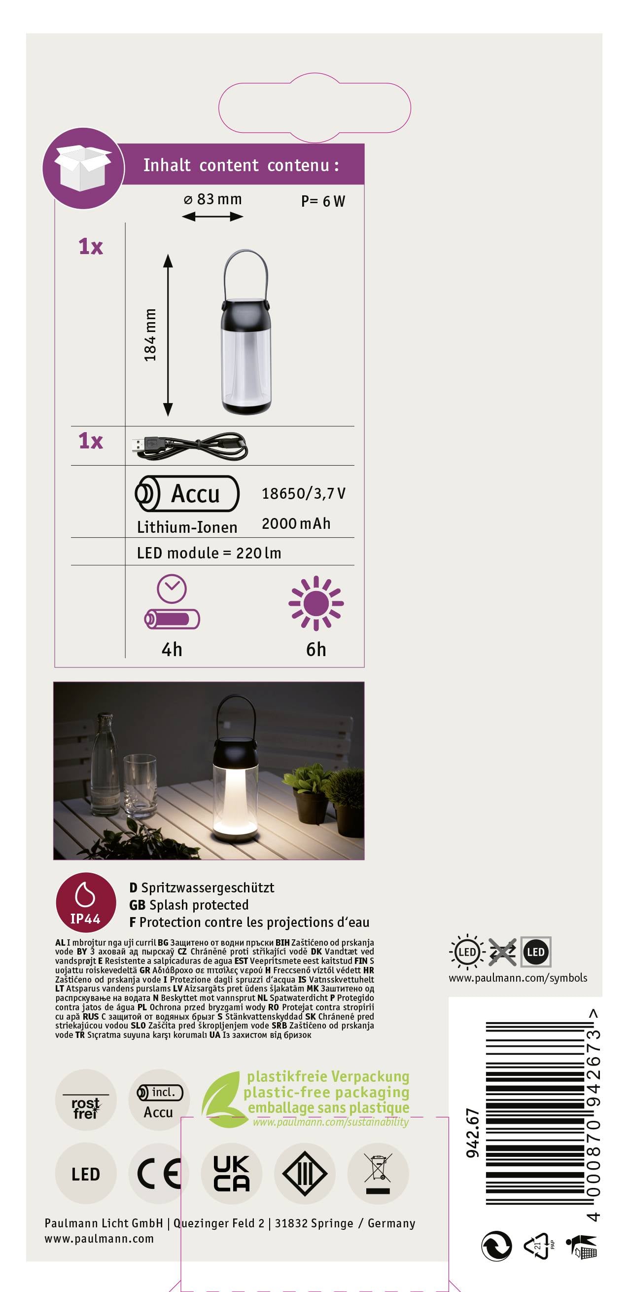 Lampa LED w kolorze czarnym: wysokość 194 mm, średnica 83 mm. Zawiera akumulator litowo-jonowy 18650/3,7V, 2000 mAh. Czas świecenia: 6 godzin jasno, 4 godziny ciemno.