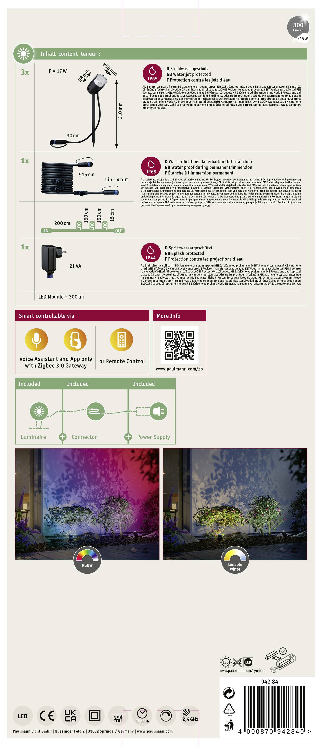 'Inteligentne oświetlenie LED: 2x 5m pasków, sterowane aplikacją, odporne na warunki atmosferyczne. Zawiera przewód zasilający, przedłużacz i złączki.'