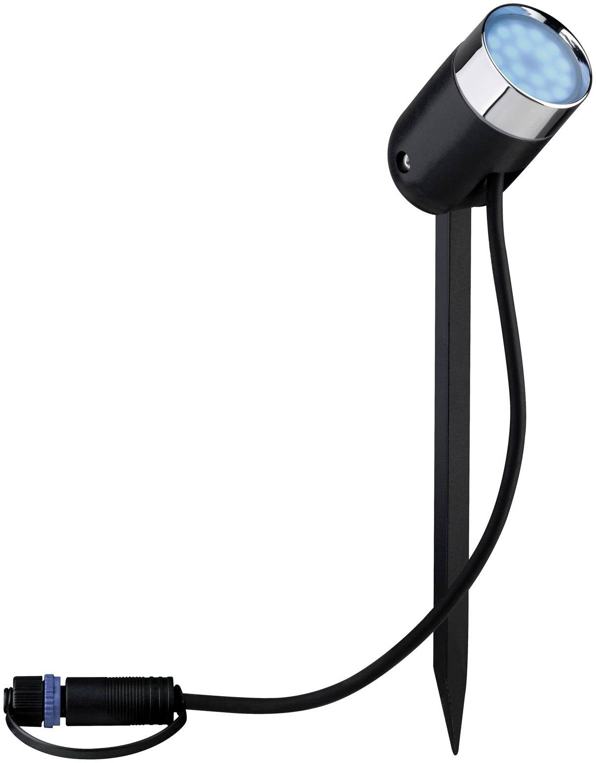 Czarny reflektor LED z niebieskim światłem na szpikulcu ziemnym, obok przewodu z niebieskim złączem. Idealny do oświetlenia ogrodu.