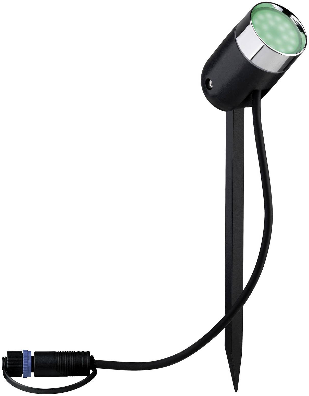 Pojedynczy czarny reflektor zewnętrzny z grotem do wbicia w ziemię i przewodem, przeznaczony do instalacji naziemnej.