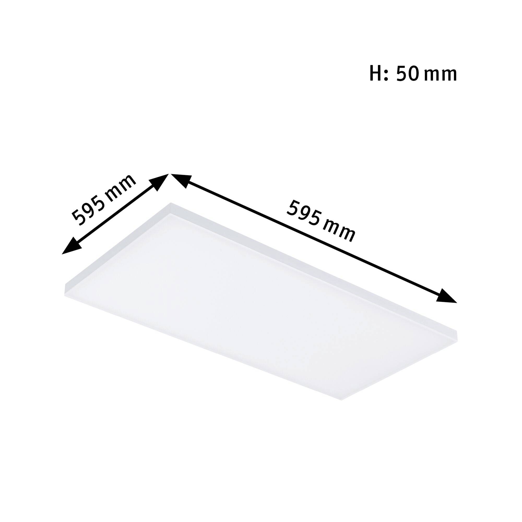 Prostokątna biała lampa sufitowa LED, wymiary 595 mm x 595 mm, wysokość 50 mm.
