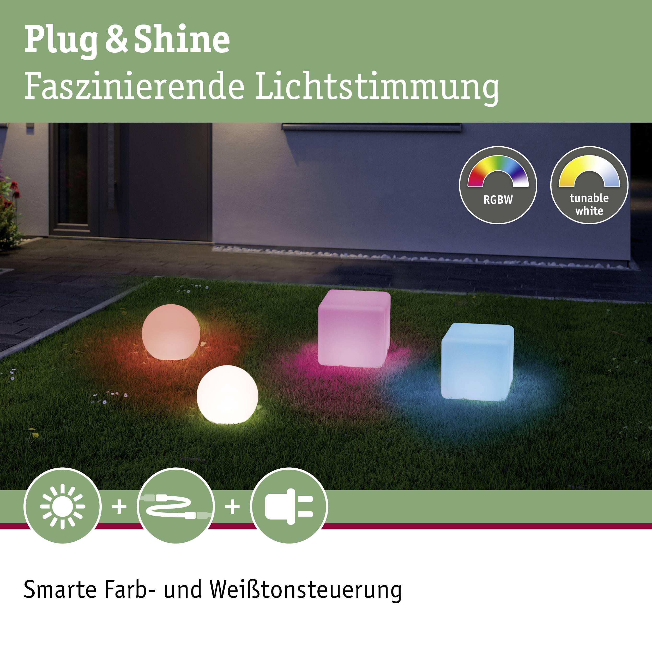 Plug & Shine Świecące kostki w różnych kolorach i odcieniach bieli na trawniku. Tekst: 'Plug & Shine - Fascynujący nastrój świetlny.'