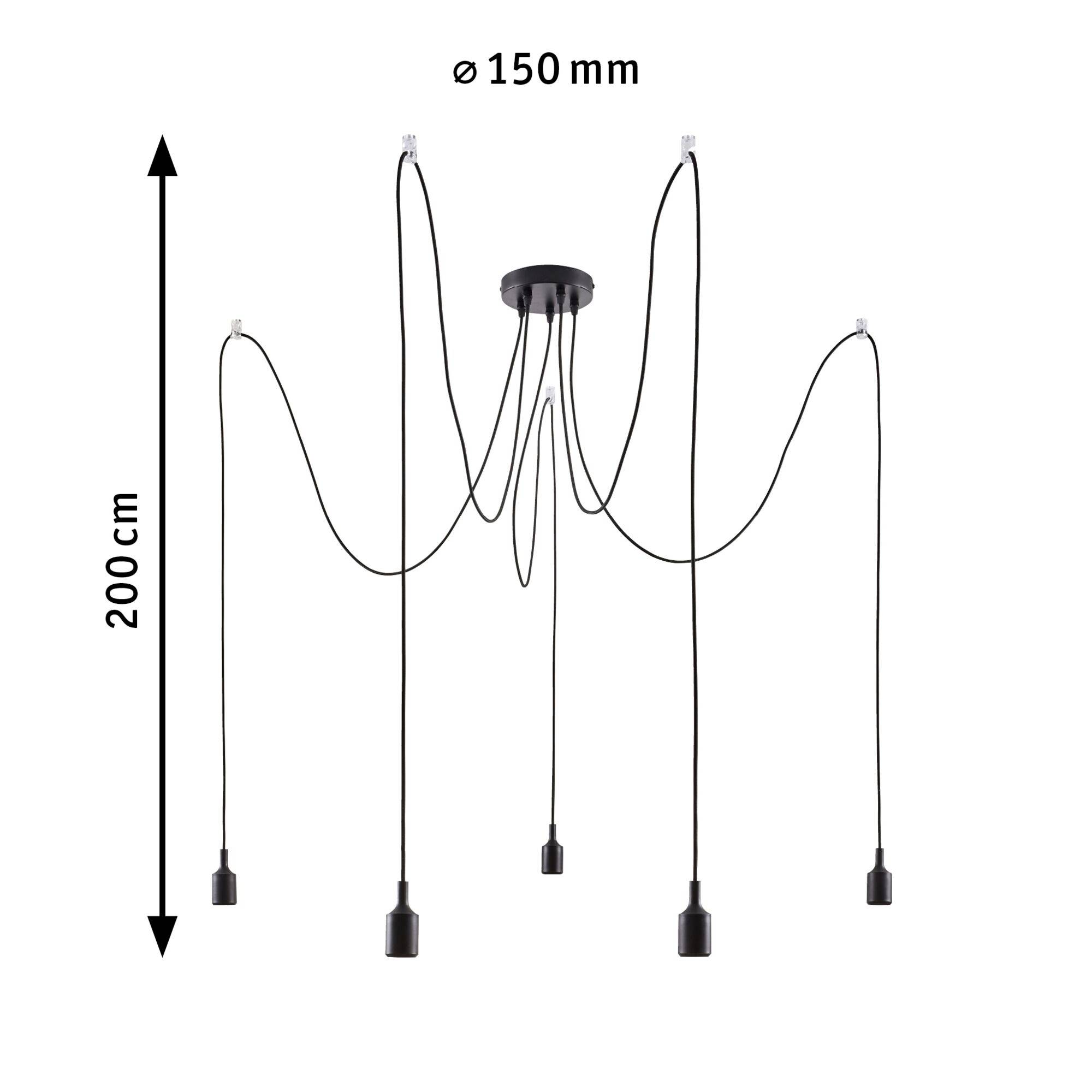 Czarna lampa sufitowa z wieloma zwisającymi kablami, średnica 150 mm, maksymalna długość 200 cm. Przeznaczona do oświetlania dużych pomieszczeń.