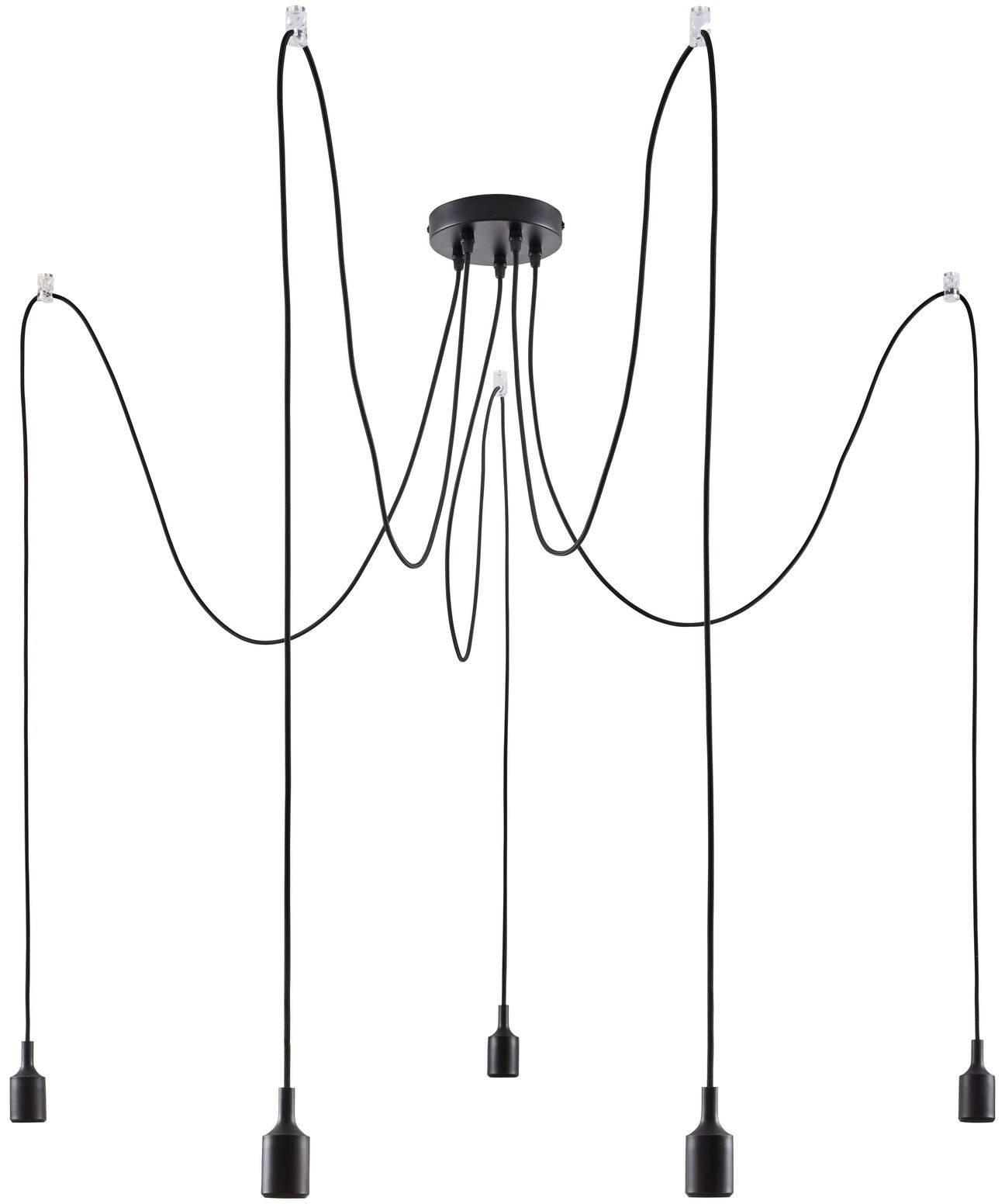 Nowoczesna lampa sufitowa z kilkoma czarnymi kablami wychodzącymi z centralnego punktu, zakończonymi pięcioma oprawkami świetlnymi.