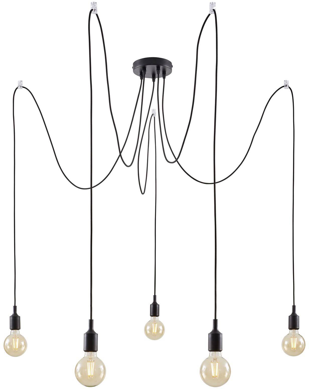 Lampa wisząca z pięcioma żarówkami, połączonymi długimi, swobodnie zwisającymi czarnymi kablami, przymocowana do okrągłej rozety sufitowej.