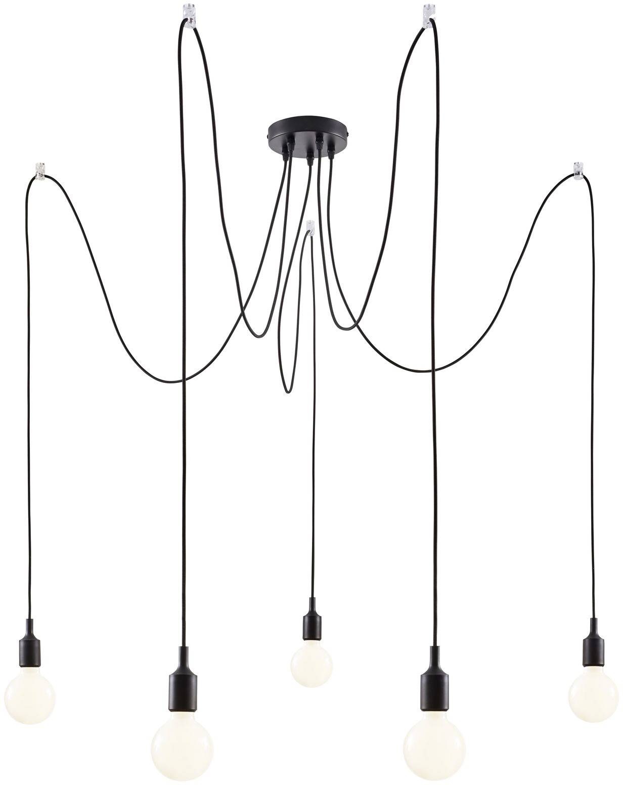Pięć kulistych żarówek wisi z sufitu na długich, czarnych kablach, tworząc falisty, dekoracyjny wygląd.