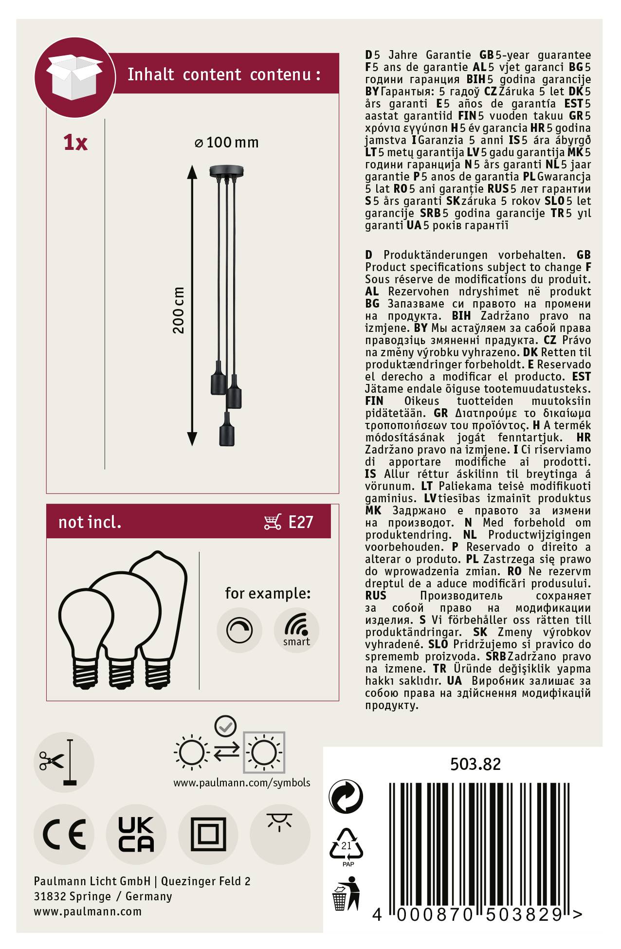 Zestaw lampy wiszącej, 1 sztuka, regulowana wysokość 200 cm, średnica 100 mm, gniazdo E27. Zawiera symbole i tekst wielojęzyczny.