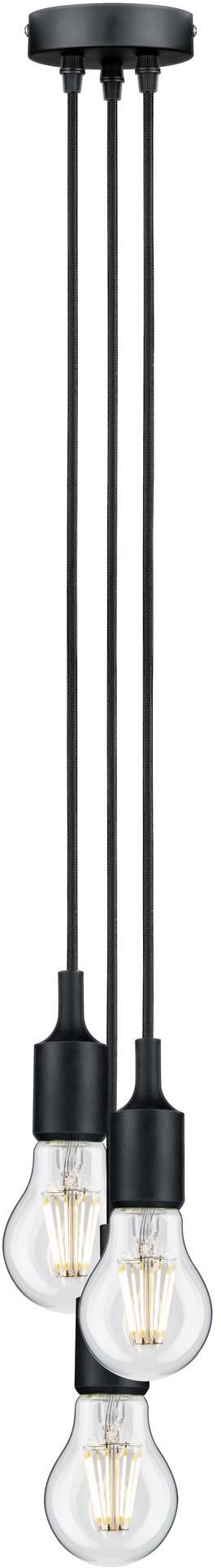 Trzy wiszące żarówki na czarnych przewodach, w stylu vintage, odpowiednie do nowoczesnych wnętrz.